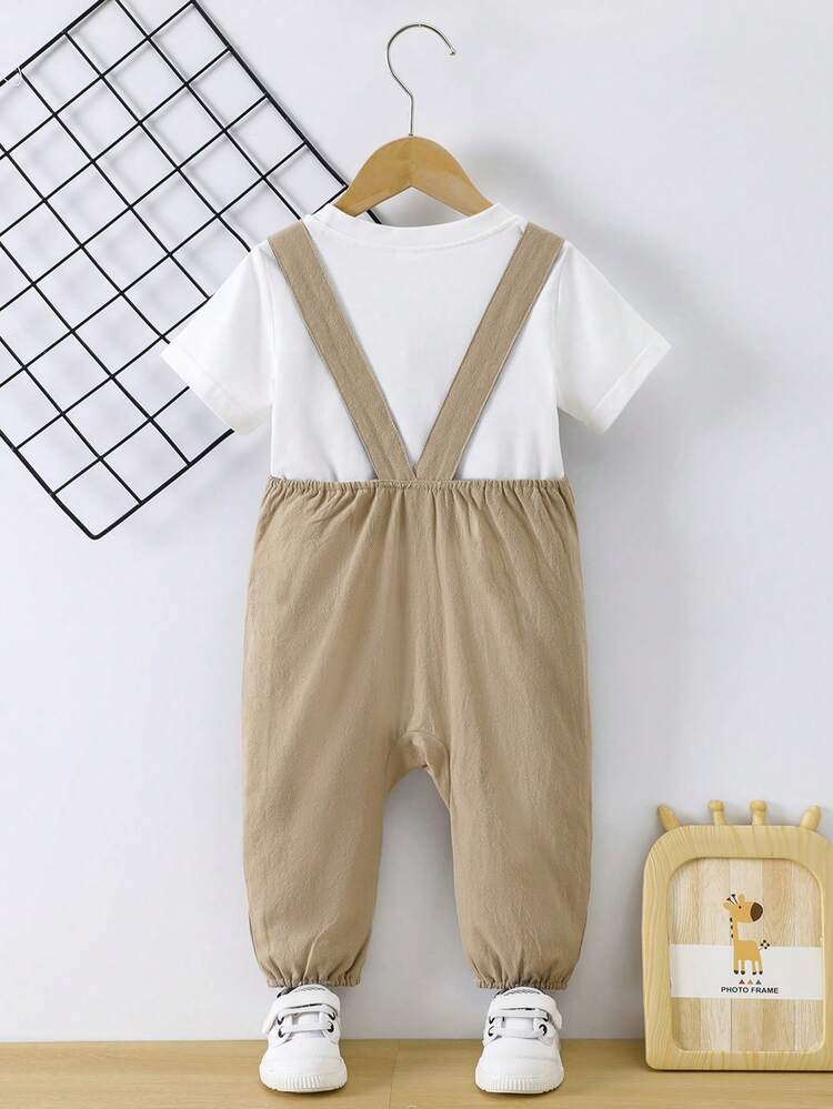 Baby Boys' Casual Workwear Style Overall With Embroidered Patch And Detachable Suspenders