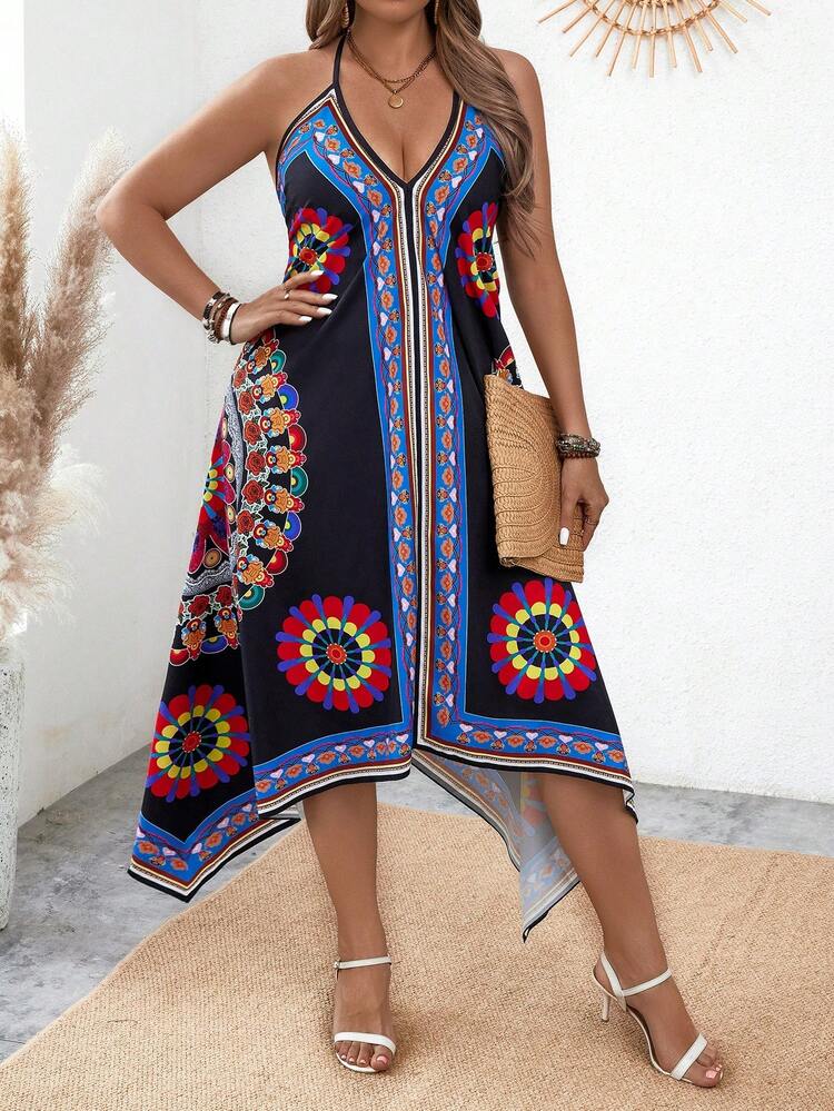 Plus Size Women's Floral Print Asymmetrical Hem Halterneck Dress
