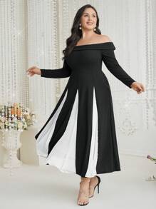 Modelyn Plus Size Women's Off-Shoulder Long Sleeve Color Block Dress - Black and White - View 3