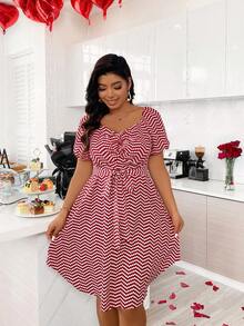 SHEIN Clasi Kích thước lớn Của phụ nữ Chấm bi In Tay áo lồng đèn Đầm - Đỏ - Xem 4