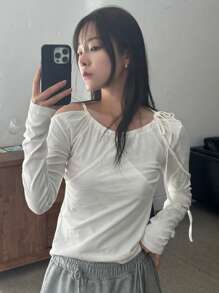 DAZY Ladies' Solid Color Asymmetrical Neck Hollow Out T-Shirt Long Sleeve Women Tops - White - View 3