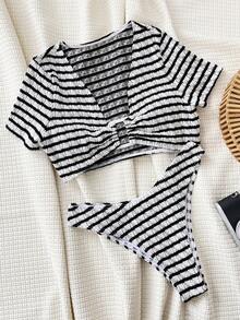 SHEIN Swim 夏季海滩女士纹理条纹两件套比基尼套装 - 黑與白 - 查看 4