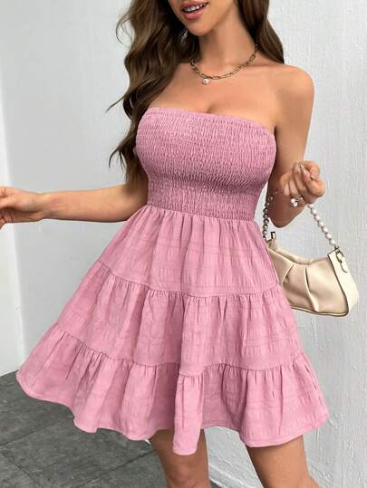 SHEIN Privé Women's Pink Sheath A Hem Short Dresses,Easter Dress,Short Summer Dress,Pink Mini Dress,Sheath Dress,Short A-Swing Dress,Sheath Vacation Dress,Suitable For Daily, Commuting, Vacation, Dating, Outing, Stretch Fabric,Pastel Dresses For Women