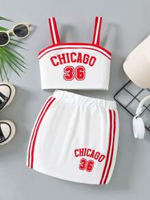 SHEIN Trẻ Cô gái Mùa hè Thể thao Áo ba lỗ & Váy Bộ - Đỏ và trắng - Xem 1
