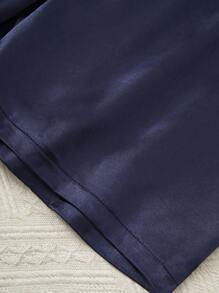 Teen Boys' Navy Blue Simple & Fashionable Satin Shorts And Robe Set For Homewear - Navy Blue - View 4