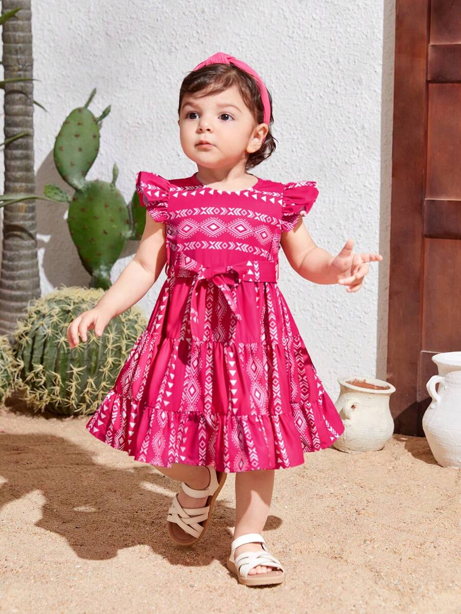 SHEIN Robe courte à ceinture décontractée pour bébé fille à motifs géométriques et manches courtes pour les vacances