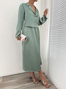 SHEIN Cottnline Satin Set With V Neck Detail - Mint Green - View 5