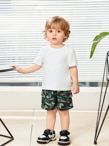 SHEIN Baby Boy's Casual Outdoor Solid Color Vest, Short Sleeve T-Shirt, Camouflage Shorts Set - Multicolor - View 6