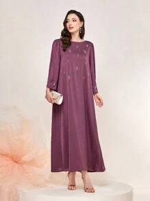 Al Najma Rhinestone Detail Kaftan - Red Violet - View 6