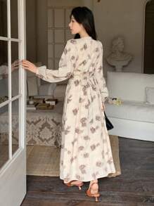 DAZY Vestido midi de mujer con cuello en V, manga larga, estampado de flores, mangas abullonadas y cintura recogida, ropa de otoño con estampado floral - Multicolor - Ver 2