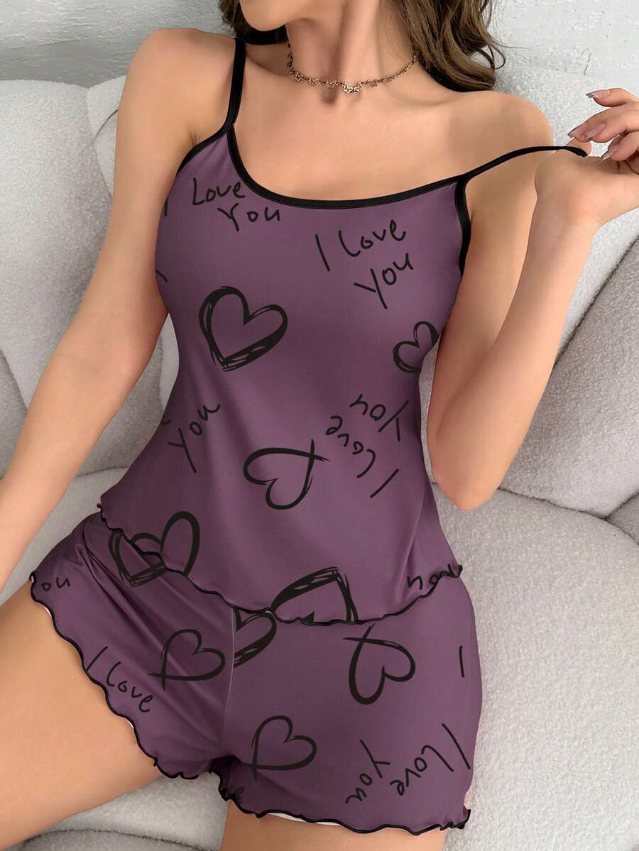 Tim & In thư Áo ba lỗ & Quần short Bộ mặc nhà - Màu tím - Xem 1