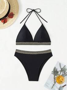 SHEIN Swim 女士吊带拼接比基尼套装夏季海滩 - 黑色 - 查看 3