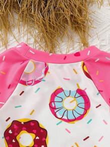 SHEIN Young Girl Casual Donut Printed Knitted Round Neck Long Sleeve Top And Triangle Swimwear Set - Pink - View 3