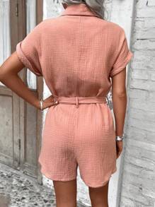 SHEIN LUNE Batwing Sleeves Belted Shirt Romper With Flap Detail - Dusty Pink - View 2