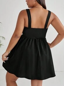 SHEIN CURVE+ Vestido Negro De Tirantes Con Costillas Fruncidas Para Mujeres De Talla Grande - Negro - Ver 4