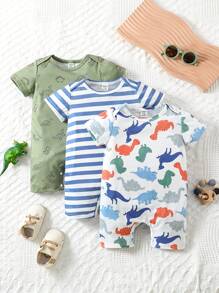 SHEIN Vintaside Kids 3pcs/Set Baby Boy Allover Printed Cartoon Cute Summer Romper Set - Multicolor - View 1