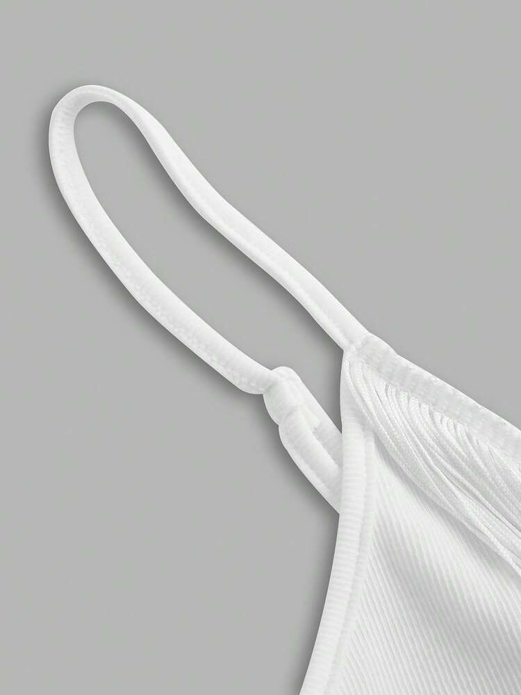 SHEIN ICON Solid Fringe Trim Cami Top - White - View 3