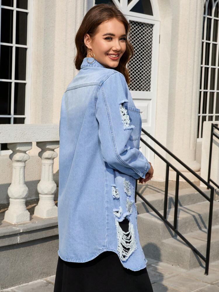 Women's Light Blue Shredded Distressed Washed Denim Jacket