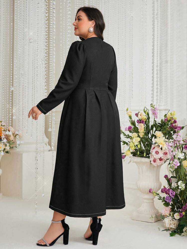 Plus Size Puff Sleeve Pleated Dress With Diamond Flower Decoration Long Evening Dresses