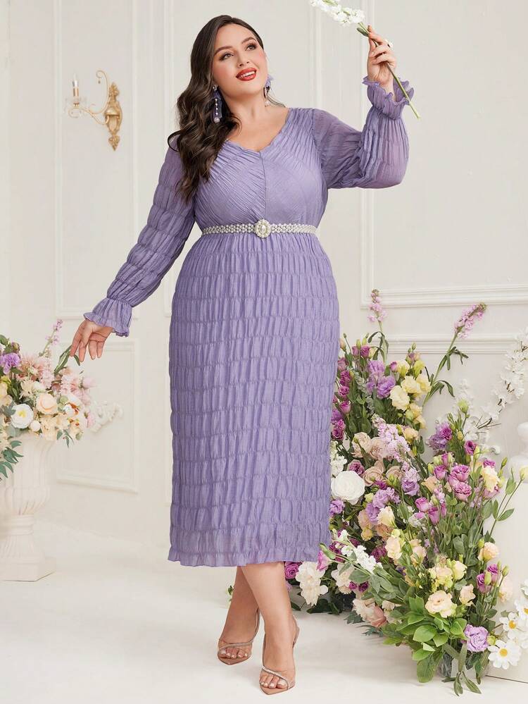 Plus Size Women's V-Neck Long Sleeve Dress Long Evening Dresses
