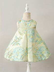 SHEIN Glamorique Kids 嬰兒女童金色刺繡花卉優雅禮服，時尚百搭，適合生日派對、晚宴、婚禮、洗禮和一歲生日慶祝等場合 - 彩色 - 查看 2