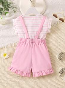 女婴条纹圆领上衣和荷叶边下摆连体服套装女婴（0-3岁）夏季服装粉色女婴套装普通女婴套装 - 粉色 - 查看 2