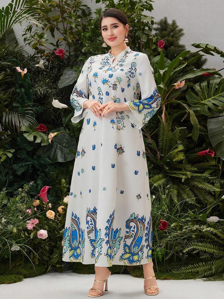 Floral Pattern Notched Lapel Dress