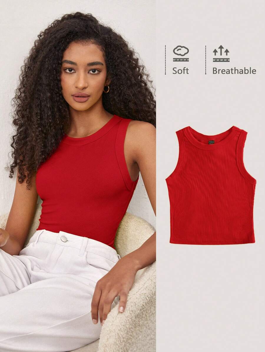 SHEIN BASICS Top Básico Para Mujer Con Diseño Acanalado - Rojo - Ver 1