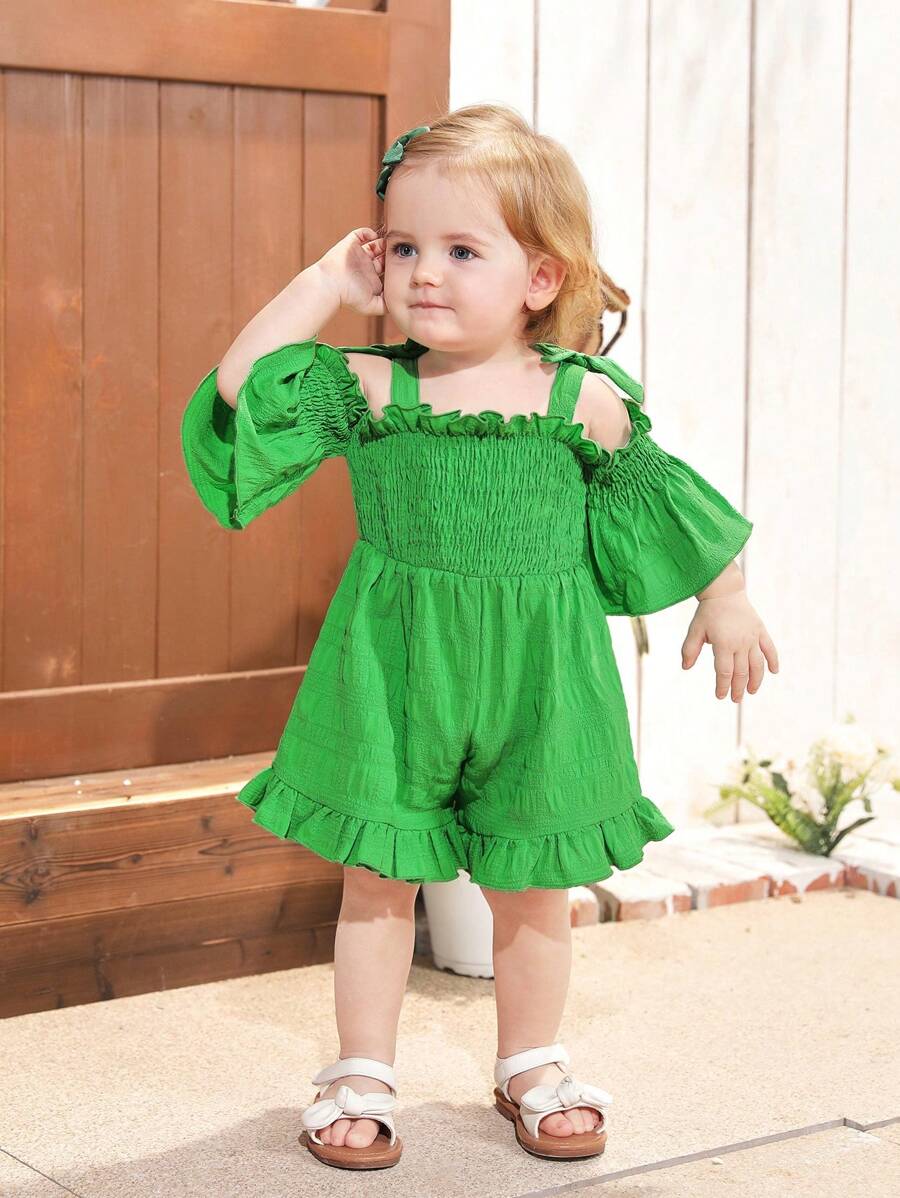 SHEIN Monos informales con tirantes y volantes de un solo color para vacaciones de niña bebé - Verde - Ver 1
