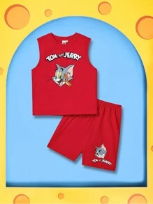 TOM & JERRY X SHEIN Tween Boy Cartoon Graphic Tank Top & Shorts Set - Red - View 3