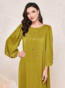 Al Najma 水鑽細節泡泡袖土耳其長袍 - 芥末黃 - 查看 6