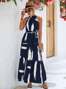 SHEIN LUNE Vestido halter con estampado de pincelada bajo con fruncido con cinturón - Azul y blanco - Ver 5