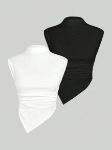 Sweetra 2pcs Solid Ruched Side Asymmetrical Hem Tank Top