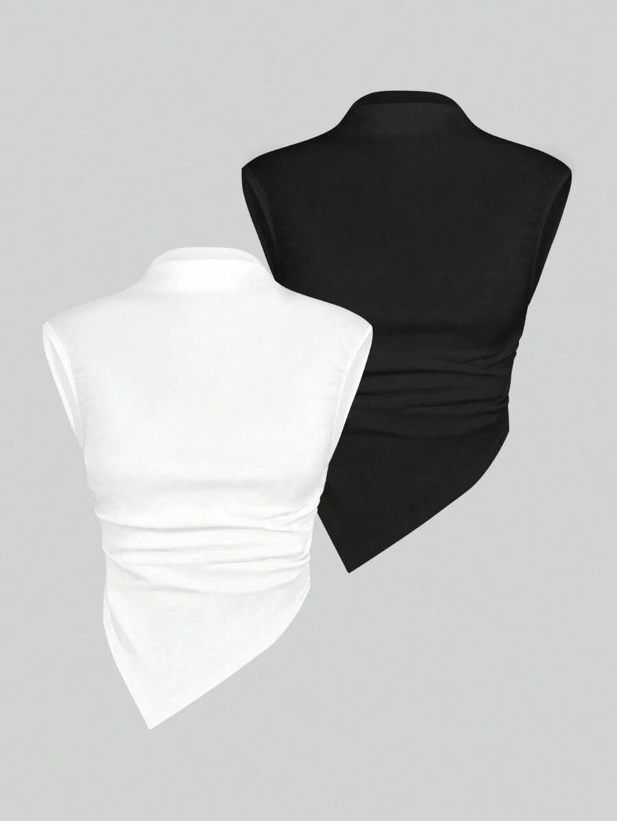 Sweetra 2pcs Solid Ruched Side Asymmetrical Hem Tank Top
