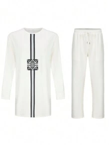 2pcs/Set Men's Geometric Print Minimalist Shirt And Pants Set, For Autumn - White - View 4