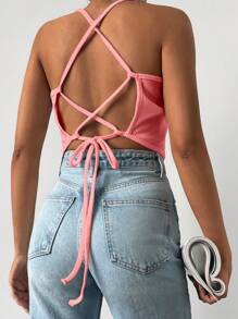 EURMUSE Solid Lace Up Backless Crop Cami Top - Hồng - Xem 5