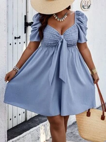 SHEIN Clasi Váy buộc dây phía trước tay bồng cỡ lớn cho nữ mùa hè - Màu be - Xem 3
