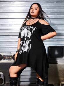 ROMWE PUNK 大码女式夏季骷髅印花露肩不对称下摆连衣裙，学校 - 黑色 - 查看 3
