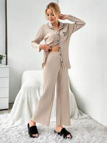 RueChic Women's Contrast Color Piping Plaid Print Ribbed Long Sleeve Top & Pants Pajama Set