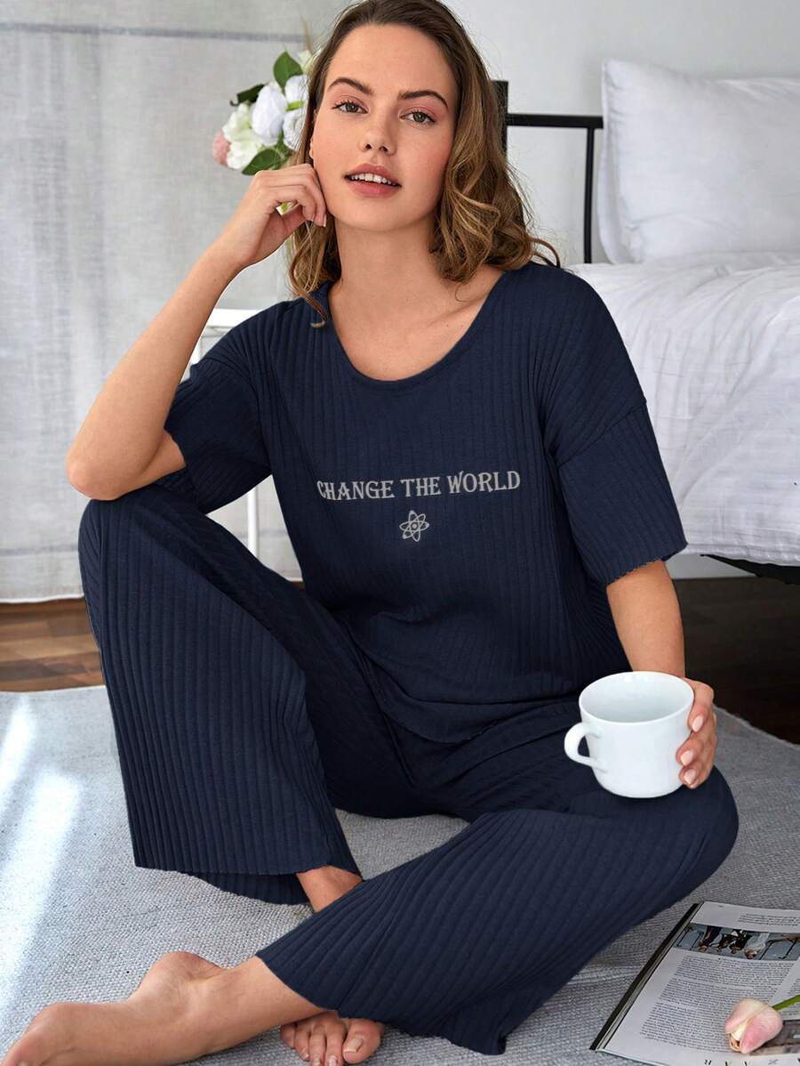 RueChic Ladies' O-Neck Hollow Out Design Short Sleeve Top And Solid Color Pants Casual 2pcs/Set - Navy Blue - View 1