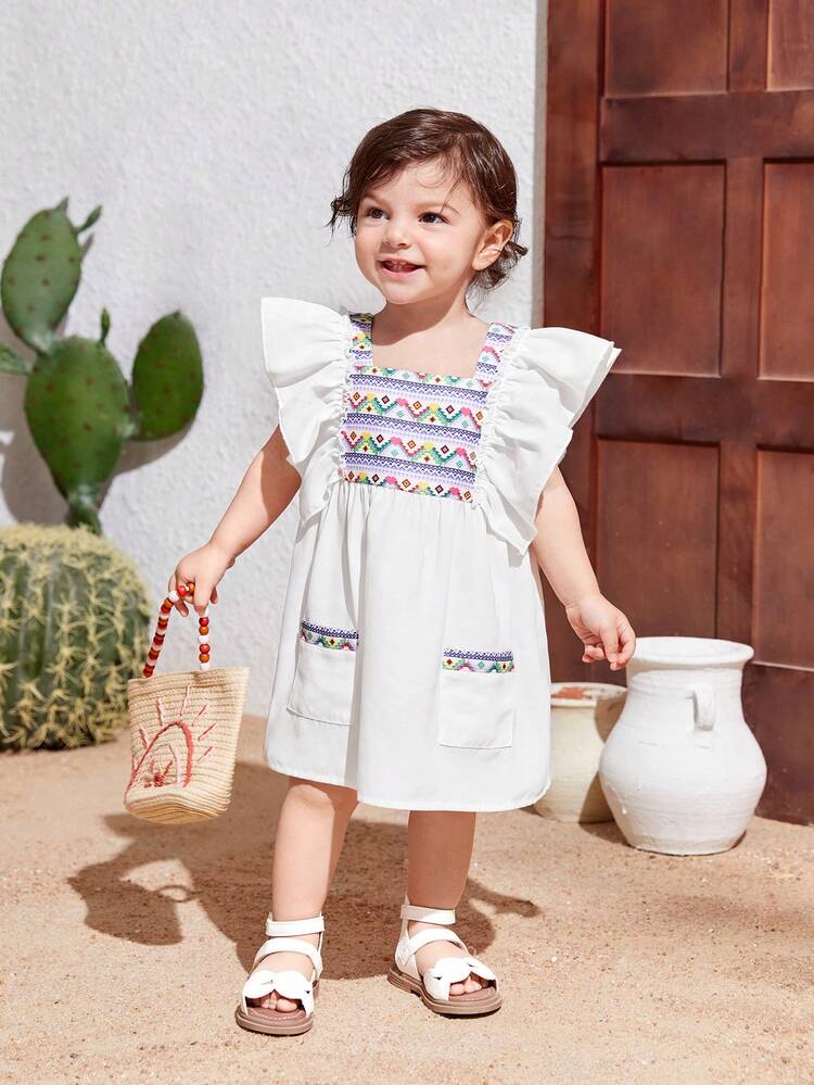 Baby Girl's Casual Vacation Geometric Pattern Colorblock Ruffle Trim Sleeveless Dress