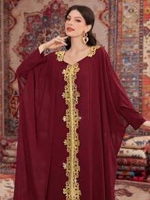 Al Najma Burgundy Red Women's Long Embroidered Turkish Shirt Dress With Beads Kaftan Jalabiya Dress - Burgundy - View 8
