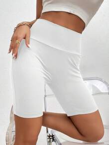 SHEIN Unity Women's Wide Waistband Ribbed Shorts, Shorts As Bottoming - White - View 5