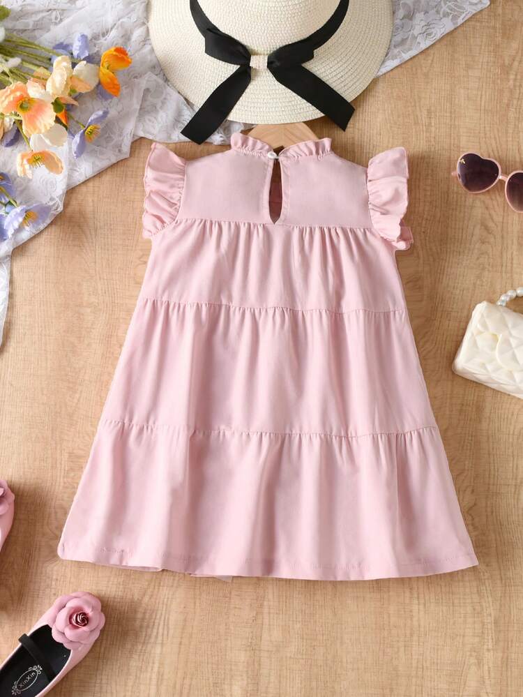Young Girl's Simple & Elegant Stand Collar Solid Color Dress With Frill Collar & Cap Sleeves, Summer