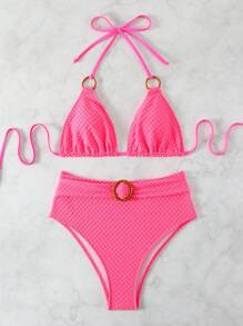 SHEIN Swim Women's Halter Bikini Set Summer Beach - Hot Pink - View 4
