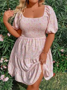 Flirla 大碼女裝全印花集褶短泡泡袖印花連衣裙 - 彩色 - 查看 6