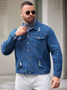 Manfinity Homme Veste En Denim Déchirée À Manches Longues De Grande Taille Pour Hommes - Bleu azur - Voir 1