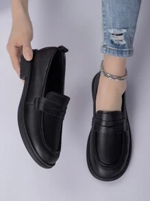 女士黑色英倫風格復古拼接皮革圓頭平底懶人鞋 - 黑色 - 查看 2