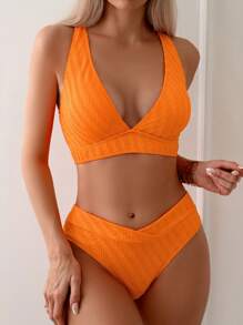 SHEIN Swim Summer Beach Solid Textured Wireless Bikini Set Bathing Suit - Burnt Orange - View 2