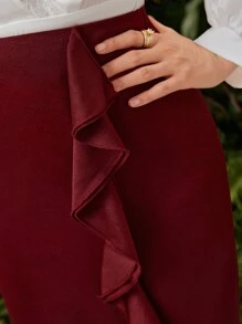 Modelyn Burgundy Red Solid Ruffled Hem Skirt